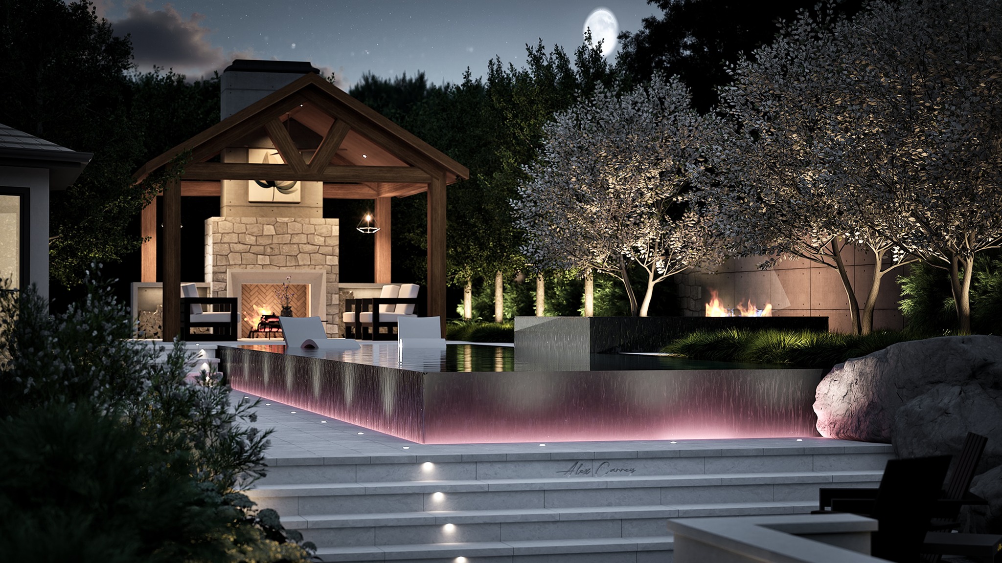 3D rendering perspective of pool and hardscape layout