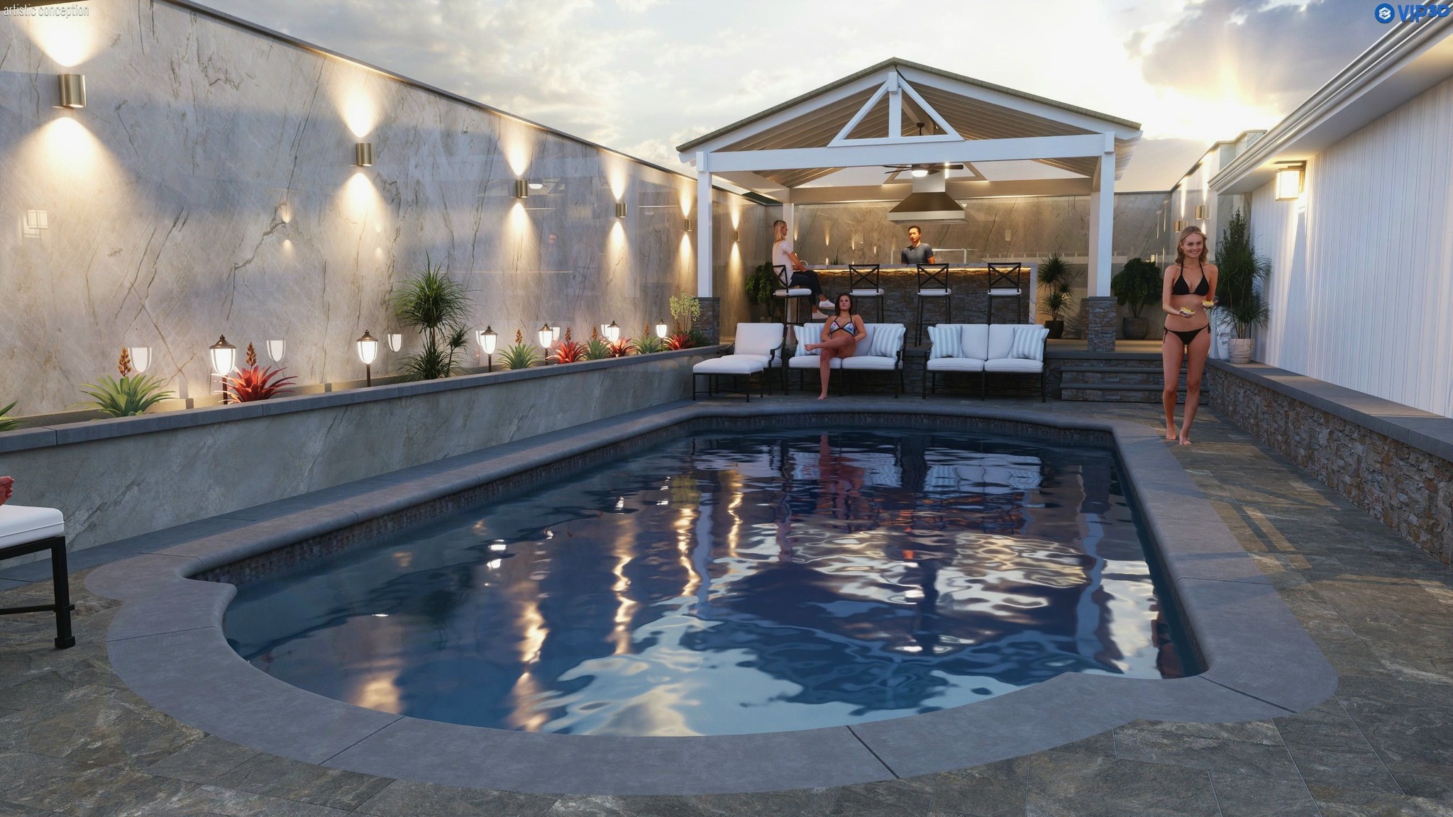 3D rendering with patio and seating plan